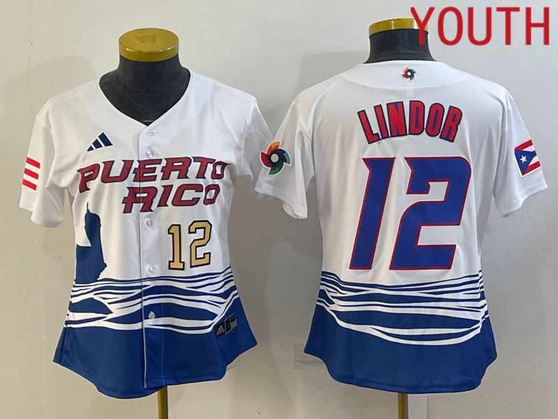 Youth 2023 World Cub Puerto Rico #12 Lindor White MLB Jersey4->youth mlb jersey->Youth Jersey